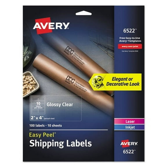 "Glossy Clear Easy Peel Mailing Labels W/ Sure Feed Technology, Inkjet/laser Printers, 2 X 4, Clear, 10/sheet, 10 Sheets/pack | Bundle of 2 Packs"