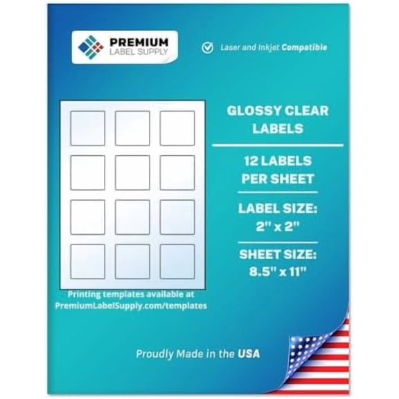 Glossy Clear Sticker Square Labels – 2" x 2" – Laser/Inkjet Compatible – (12 per Sheet), 500 Sheets – 6,000 Total Adhesive Labels