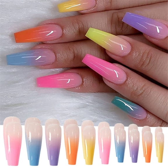 Glossy Colorful Fake Nails, Coffin Long Press On Nails With Gradient Full Cover For Women And Girls, Acrylic Nails In Rainbow Ombre, 12 Different Sizes Included
