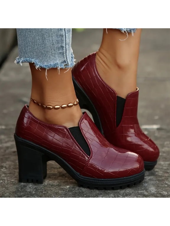 Glossy Croc Texture Patent Leather Chelsea Booties Women's Round Toe Elastic Gore Slip On Chunky Block Heel Lug Platform Sole Vintage Fashion Short Ankle Boots