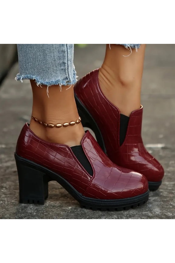 Glossy Croc Texture Patent Leather Chelsea Booties Women's Round Toe Elastic Gore Slip On Chunky Block Heel Lug Platform Sole Vintage Fashion Short Ankle Boots