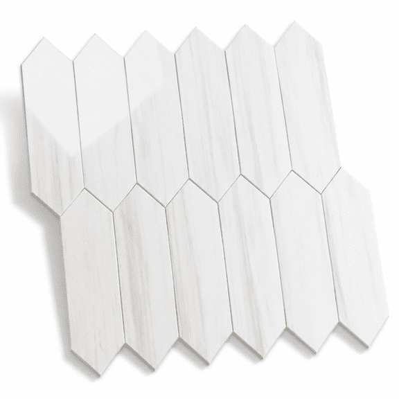 Glossy Dolomite White 1 Sheet Long Hexagon Peel and Stick PVC Wall Tiles 12.8 x 12.8 Inch