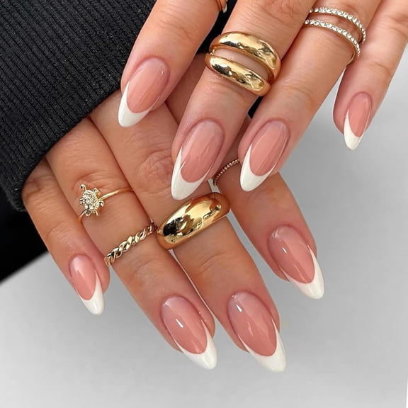 Glossy French Press on Nails Almond Shaped Fake Nails Medium Stick on Nails with White Tips, Natural Brown Nude Full Cover False Nails Acrylic Glue on Nails for Women, 24Pcs Ombre Apricot 24-Brown