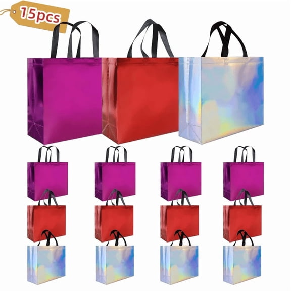 Glossy Gift Bags 15 Pcs, 12.6x4.7x11 In Non-woven Reusable Goodie Bags Bulk, with Black Handles & Sturdy Base, Christmas Gift Bags for Birthday, Wedding, Easter, Holiday Party (Iridescent+red+pink