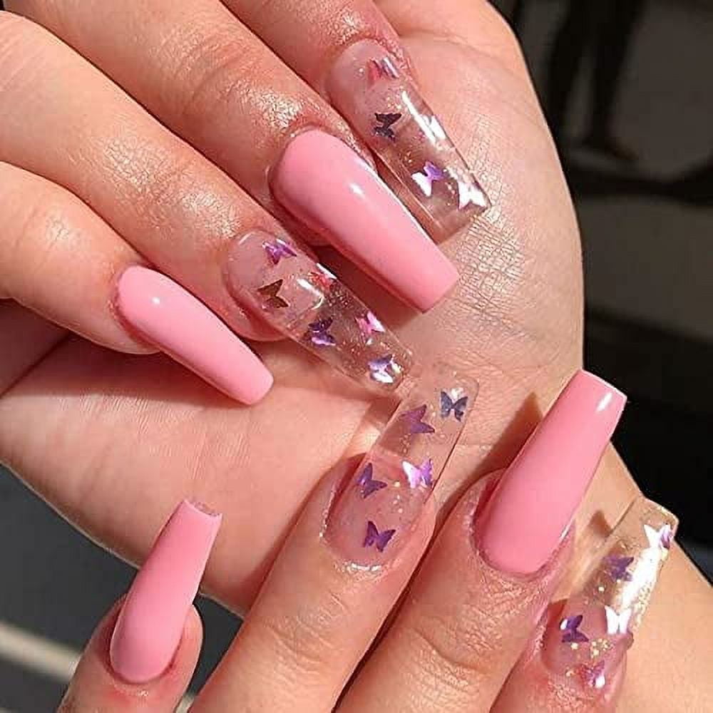 Glossy Gradient Pink Fake Nails Butterfly Glitter Sequins