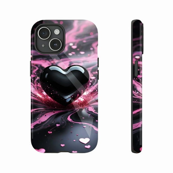 Glossy Heart Valentine’s Day Inspired iPhone Case for Teens Women, Shimmering Pink Black Design Compatible with iPhone 11/12/13/14/15/16 (Pro Max/Plus)