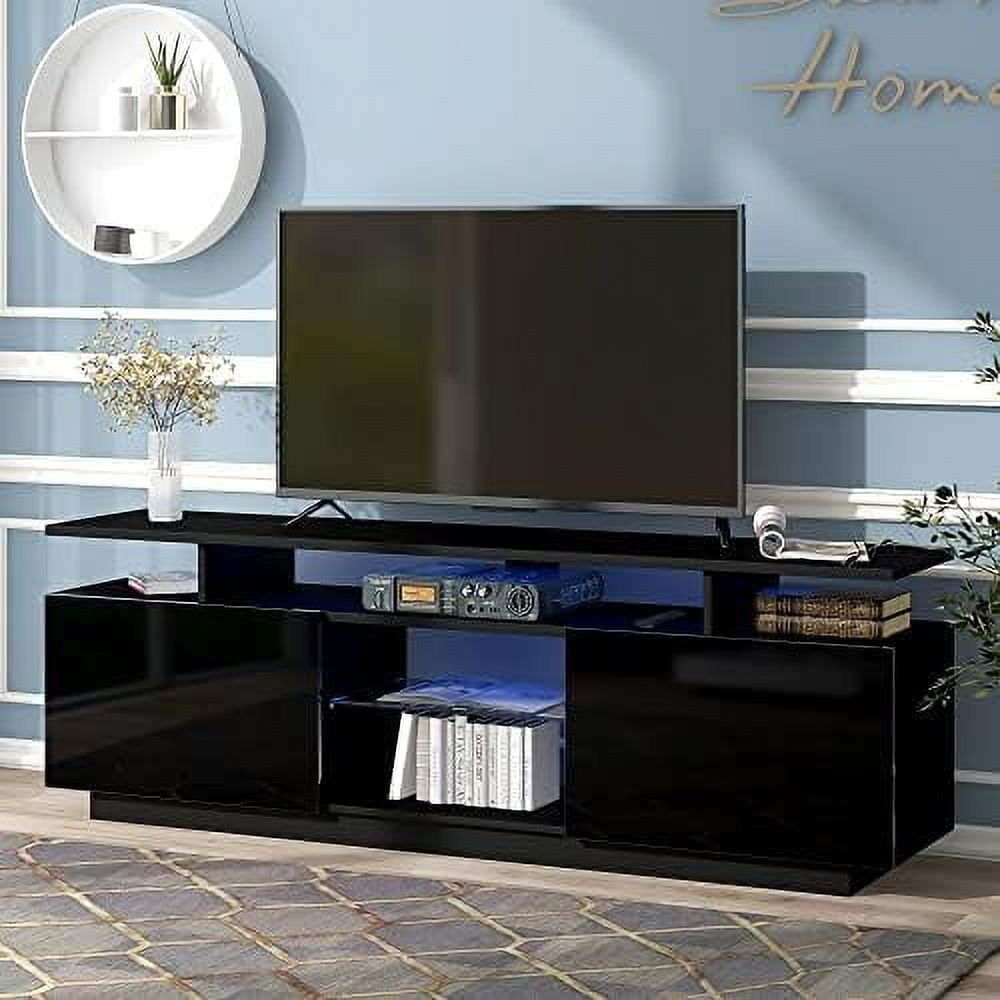 Glossy LED TV Stand with 16 Colors RGB LED Lights Media Console with