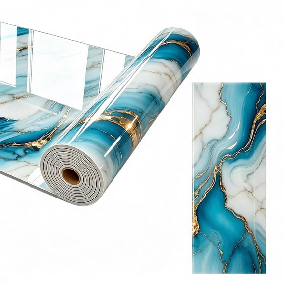 Glossy Marble Peel and Stick Contact Paper, Ocean Wave Texture Backsplash Wallpaper, Fireproof, Oil-Resistant, Waterproof Vinyl for Kitchen Countertop Living Room Furniture Decor, Teal & Gold