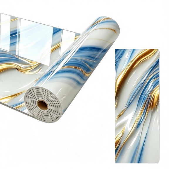 Glossy Marble Peel and Stick Contact Paper, Ocean Wave Texture Backsplash Wallpaper, Fireproof, Oil-Resistant, Waterproof Vinyl for Kitchen Countertop Living Room Furniture Decor, Blue & Gold