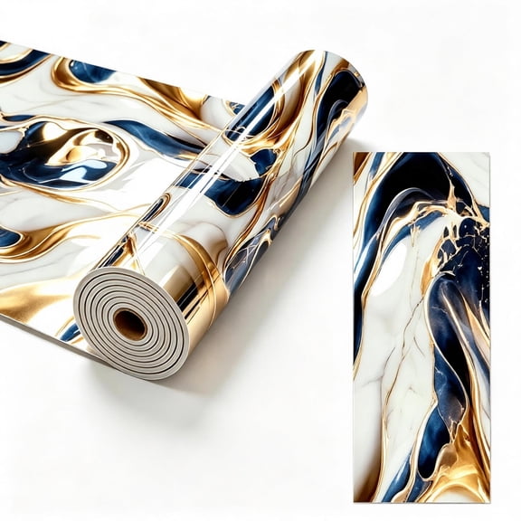 Glossy Marble Peel and Stick Contact Paper, Ocean Wave Texture Backsplash Wallpaper, Fireproof, Oil-Resistant, Waterproof Vinyl for Kitchen Countertop Living Room Furniture Decor, Black & Gold