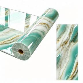 Glossy Marble Peel and Stick Contact Paper, Ocean Wave Texture Backsplash Wallpaper, Fireproof, Oil-Resistant, Waterproof Vinyl for Kitchen Countertop Living Room Furniture Decor, Green & Gold