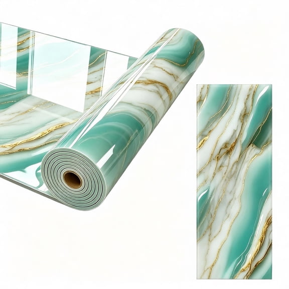 Glossy Marble Peel and Stick Contact Paper, Ocean Wave Texture Backsplash Wallpaper, Fireproof, Oil-Resistant, Waterproof Vinyl for Kitchen Countertop Living Room Furniture Decor, Green & Gold
