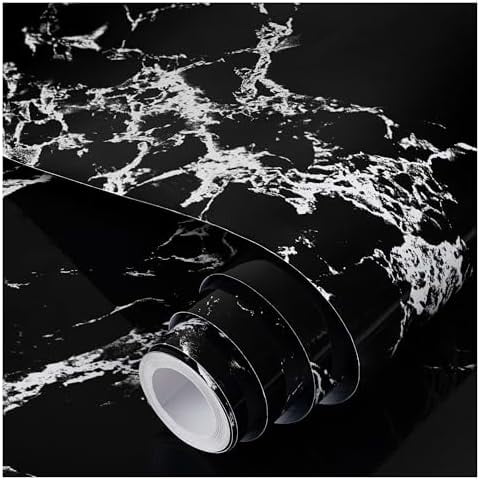 Glossy Marble Wall Paper Granite Black/Grey Kitchen Countertop Cabinet Furniture Refurbishment Removable Wallpaper Peel and Stick Vinyl Roll 23.6" x 118.1"
