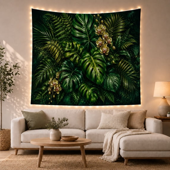 Glossy Monstera Leaves With Small White Flowers, Calming Watercolor Style for Plant Lovers, Botanical Wall Art, Housewarming Gift, Tapestry Wall Hanging for Bedroom and Living Room