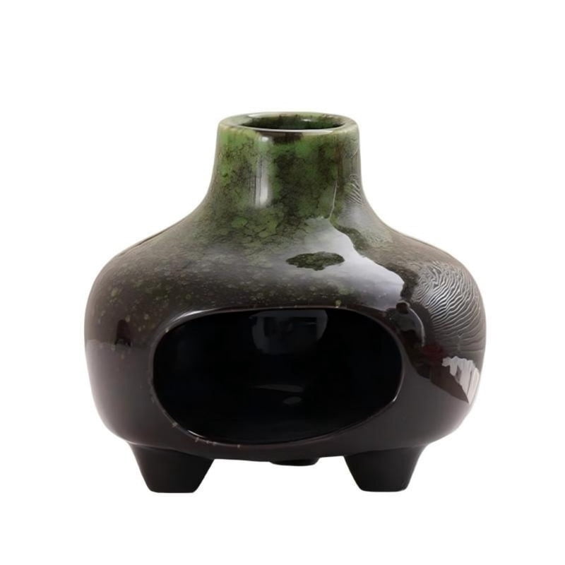 Glossy Obsidian Round Palo Santo Holder-3-Legged Ceramic Incense Burner with Ash Catcher, Wabi-Sabi Style Palo Santo Holder Stick Holder for Smudging, Meditation & Rustic Home Decor A4