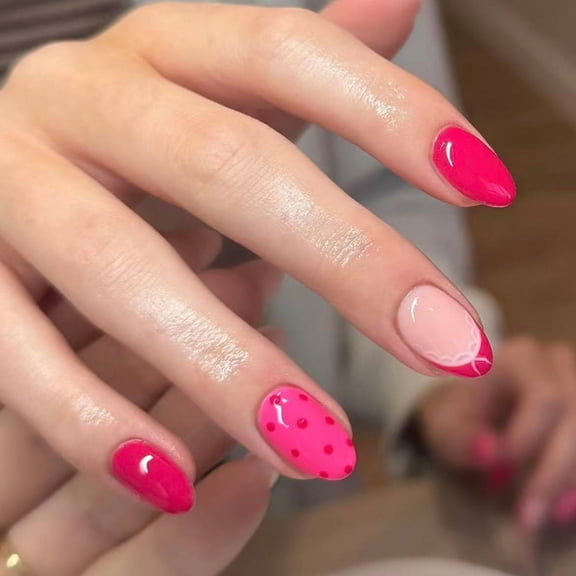 Glossy Oval Rose Red 24Pcs French Design Short False Nails with Dots Lace Bows