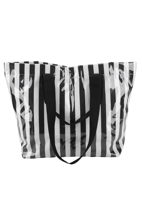 Glossy PVC Striped Tote Waterproof Handbag Inner Zipper Pocket Large Capacity Lightweight Portable For Beach Travel Work (Black White Stripe)