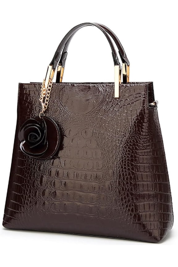 Women Handbag Crocodile Pattern Shoulder Bag Flower Pendant Top Handle Tote Satchel Purse