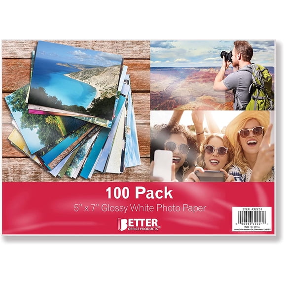 Glossy Photo Paper, 5 x 7 inch, 100 Sheets, by Better Office Products, 230 gsm, 5 x 7, 100-Count Pack