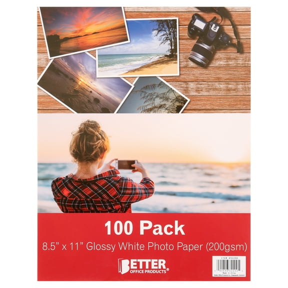 Glossy Photo Paper, 8.5 x 11 Inch, 100 Sheets, Better Office Products, 200 gsm, Letter Size, 100-Count Pack