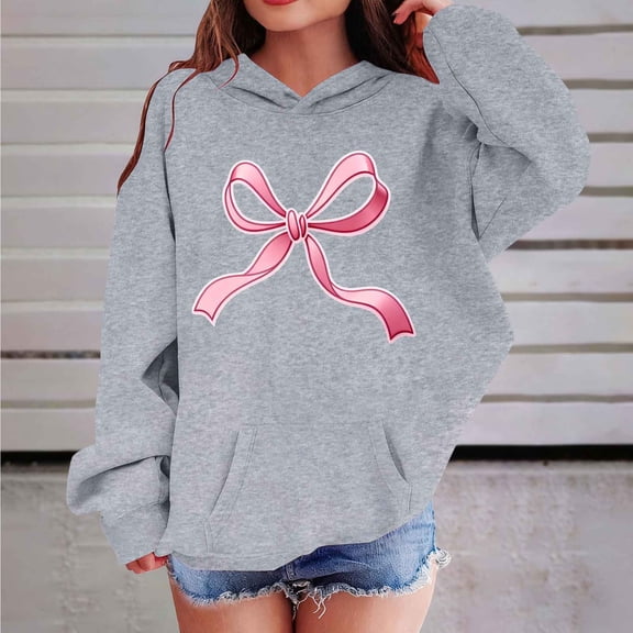 Glossy Pink Bow Graphic Girls Gray Hoodie, Oversized Soft 95% Polyester 5% Spandex Pullover Hooded Sweatshirt for Girls 6-14 Years, Casual Everyday Wear,Size 14 T