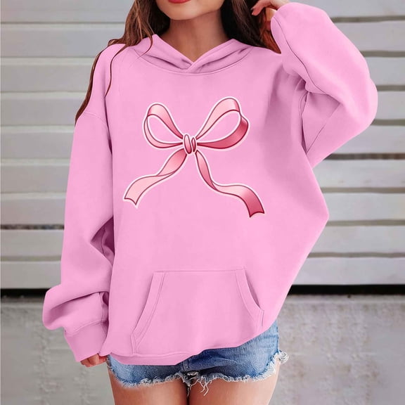 Glossy Pink Bow Graphic Girls Pink Hoodie, Oversized Soft Polyester Spandex Pullover Hooded Sweatshirt for Girls 6-14 Years, Casual Everyday Wear,Size 14 T