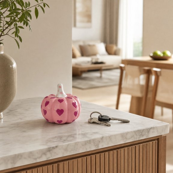 Glossy Pink Ceramic Heart Shaped Pumpkin Figurine, Cute Romantic Fall Tabletop Ornament, Modern Farmhouse Decor for Tiered Tray Mantel Shelf Coffee Table Living Room Bedroom Home Autumn, Pink3