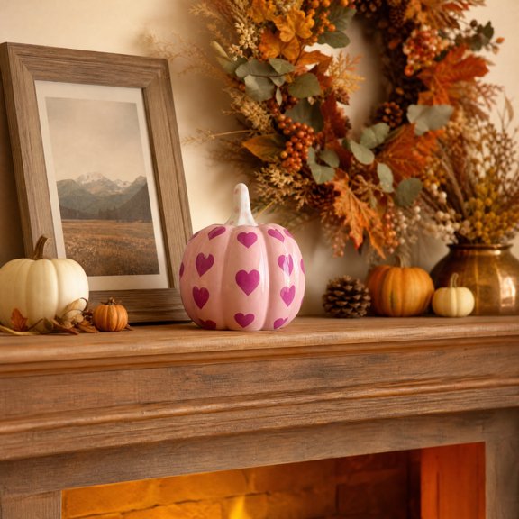 Glossy Pink Ceramic Heart Shaped Pumpkin Figurine, Cute Romantic Fall Tabletop Ornament, Modern Farmhouse Decor for Tiered Tray Mantel Shelf Coffee Table Living Room Bedroom Home Autumn, Pink1