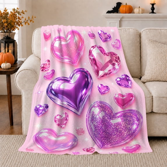 Glossy Pink Crystal Heart Flannel Blanket With Purple Gems Sparkles And Bubble Hearts, Soft Home Decor For Sofa Bedroom Dorm, Valentine's Gift For Colorful Heart Lovers
