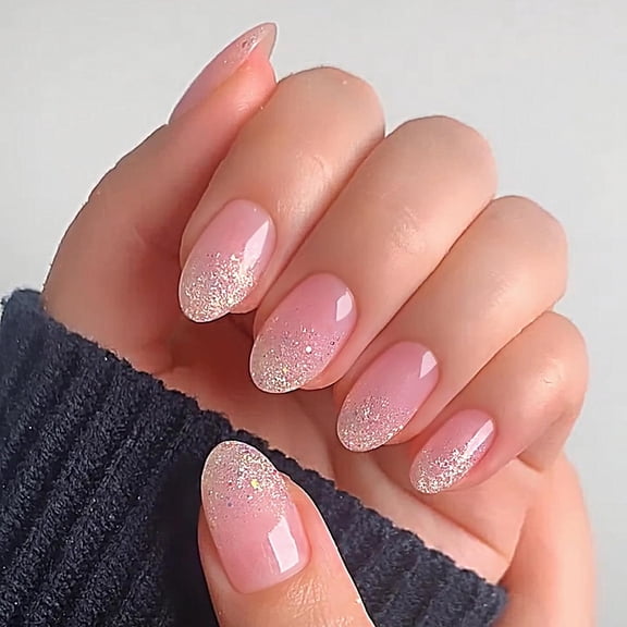 Glossy Press on Nails Short Oval Fake Nails Pink Full Cover False Nails with Fine Glitter Tip Design, Reusable Acrylic Glue on Nails for Nail Art Manicure, 24 Nails in 12 Sizes Ombre Pink M-Fine