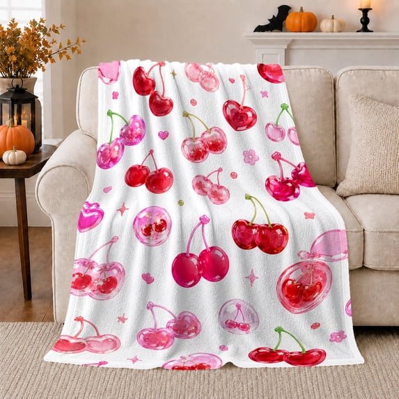 Glossy Red Cherries Hearts Sweet Kawaii, Cozy Friendship Quote Scene, Warm Flannel Blanket for Living Room and Reading Nook, Art Lovers Friendship Gift, Playful Home Decor