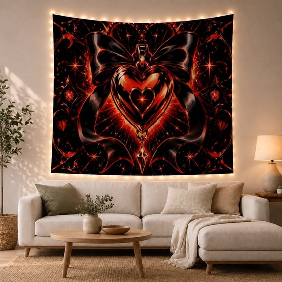 Glossy Red Heart with Black Bow in Crimson Flames, Dramatic Gothic for Dark Art Lovers, Moody Decor Art, Halloween Gift, Tapestry Wall Hanging for Bedroom and Living Room