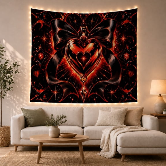 Glossy Red Heart with Black Bow in Crimson Flames, Dramatic Gothic for Dark Art Lovers, Moody Decor Art, Halloween Gift, Tapestry Wall Hanging for Bedroom and Living Room