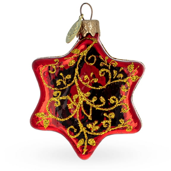 Glossy Red Hexagon with Golden Pattern Glass Christmas Ornament