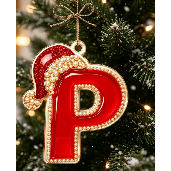 Glossy Red Initial P Christmas Ornament, Pearl Border Alphabet Hanging Decor, Santa Hat Detail Monogram Pendant for Winter Season Home Decoration