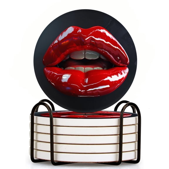 Glossy Red-Lipped With White Teeth Set of 6 Ceramic Coasters with Holder, Absorbent Drink Bar Coasters, Table Coasters for Living Room Decor Tabletop Protection
