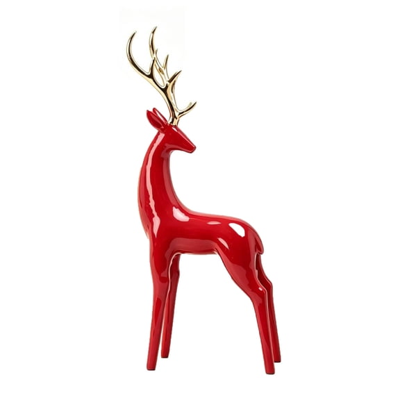 Glossy Red Reindeer Figurine Resin Standing Deer Statue with Polished Golden Antlers, Streamlined Tabletop Ornament for Winter Christmas Mantel, Coffee Table, Entryway, Office Desk Indoor Decor