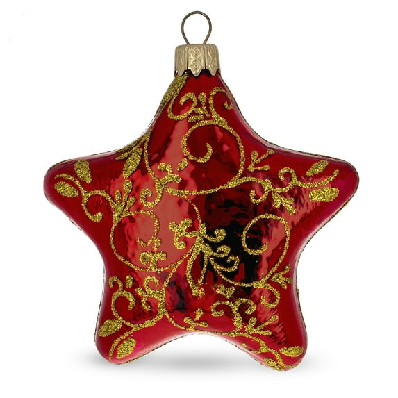 Glossy Red Star with Gold Pattern Glass Christmas Ornament