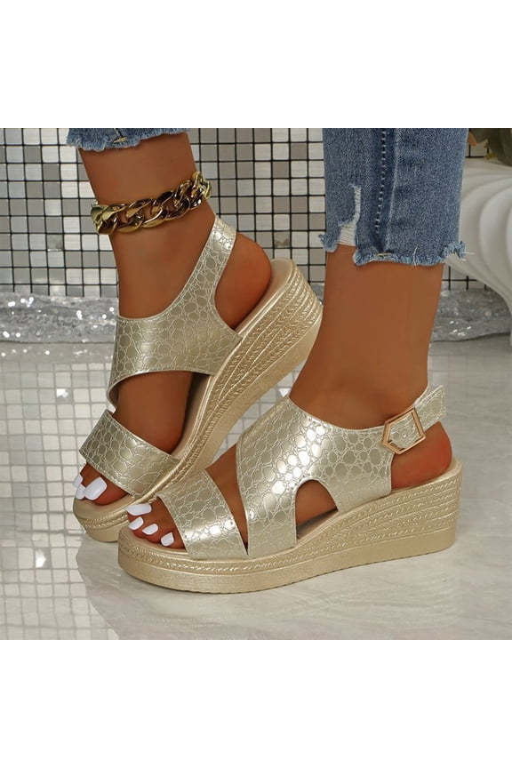Glossy Reptile Print Heels, Outdoor Vacation Walking Sandals, Croc Print Wedge Slingback Heels, Women's Fashionable Wedge Sandals Peep Toe Open Toe Solid Color Comfortable Casual Beach Summer, Gold 8