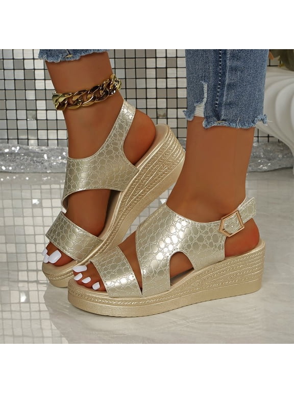 Glossy Reptile Print Heels, Outdoor Vacation Walking Sandals, Croc Print Wedge Slingback Heels, Women's Fashionable Wedge Sandals Peep Toe Open Toe Solid Color Comfortable Casual Beach Summer, Gold 8