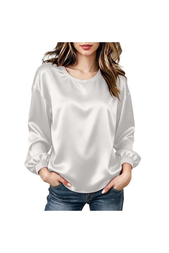 Glossy Satin Crew Neck Drop Shoulder Puff Cuff Long Sleeve Loose Pullover Casual Blouse Solid for Women Spring Fall Daily Office Wear S-3XL