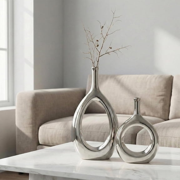 Glossy Silver Ceramic Vase Set - Modern Minimalist Hollow Ellipse Home Decor for Living Room, Shelf & Mantle