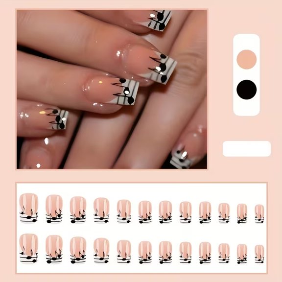 Glossy Square Press on Nails Pink French Stripe Music Pattern 24Pcs