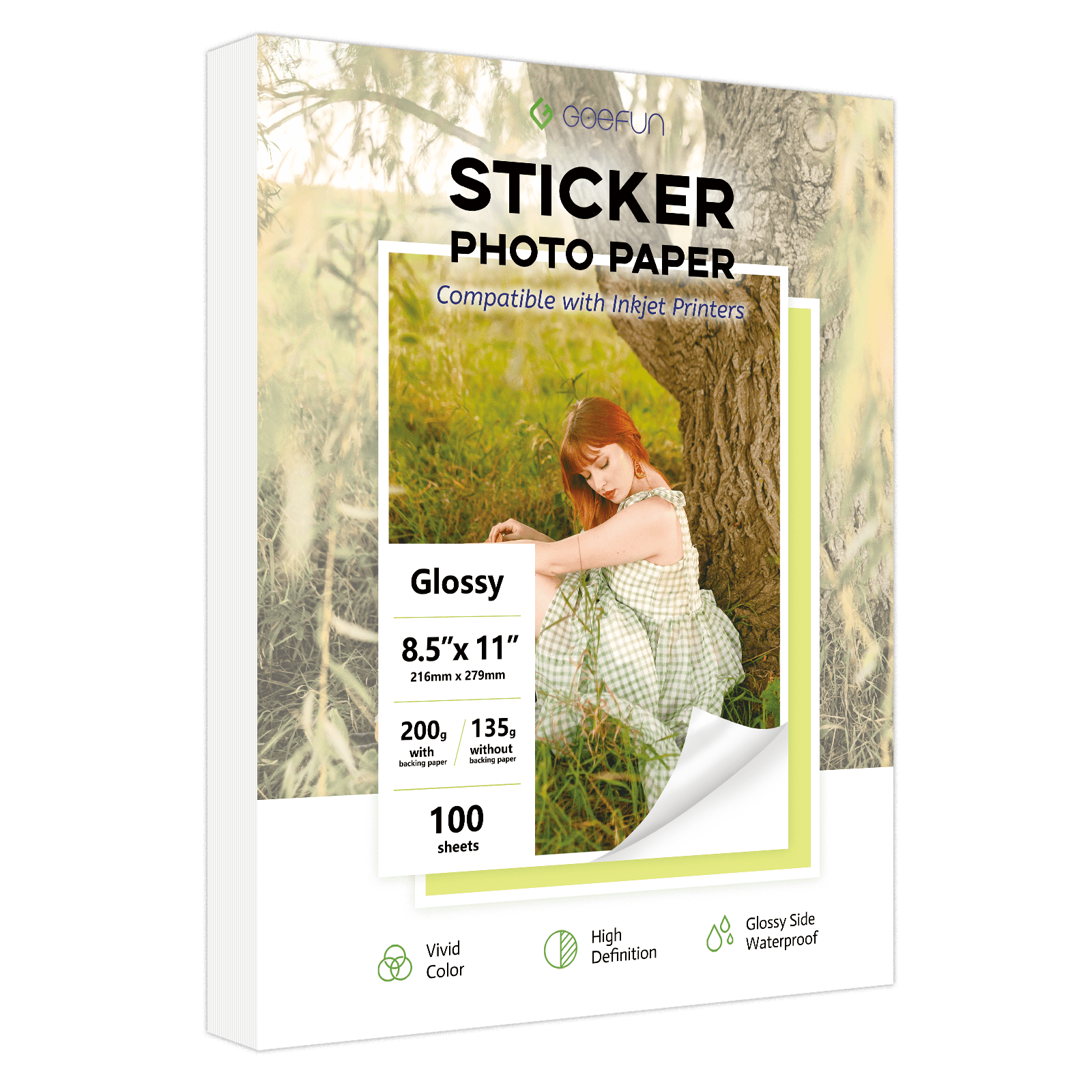 Glossy Sticker Paper for Inkjet Printer, Goefun Printable Glossy Photo Paper 8.5 x 11 Self-Adhesive Printer Sticker Paper 100 Sheets
