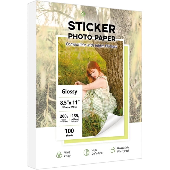 Glossy Sticker Paper for Inkjet Printer, Self-Adhesive Printable Photo Paper 8.5 x 11, 100 Sheets