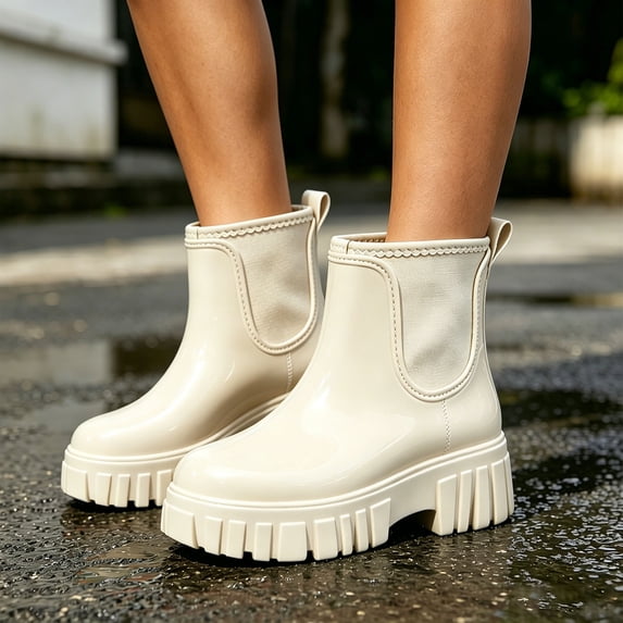 Glossy Waterproof Pull-On Ankle Rain Boots Elevated Deep-Tread Sole Footwear Low-Maintenance Sturdy Construction For Multi-Weather Casual Wear