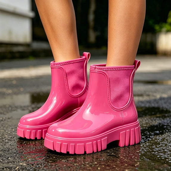 Glossy Waterproof Pull-On Ankle Rain Boots Elevated Deep-Tread Sole Footwear Low-Maintenance Sturdy Construction For Multi-Weather Casual Wear