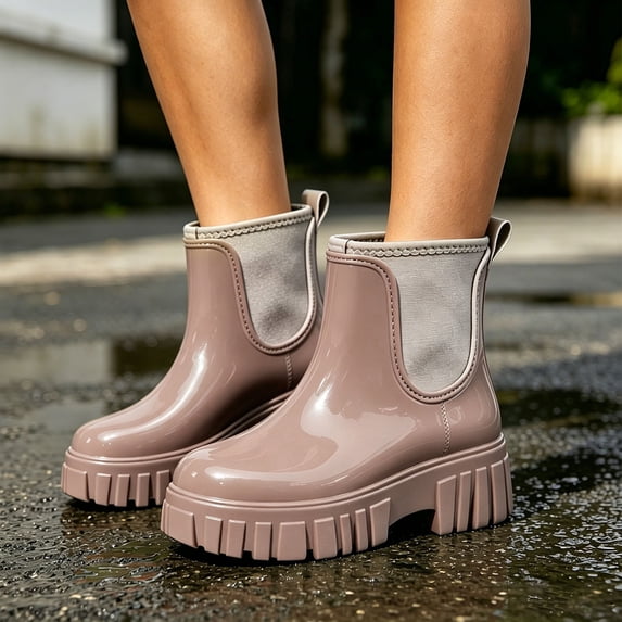 Glossy Waterproof Pull-On Ankle Rain Boots Elevated Deep-Tread Sole Footwear Low-Maintenance Sturdy Construction For Multi-Weather Casual Wear