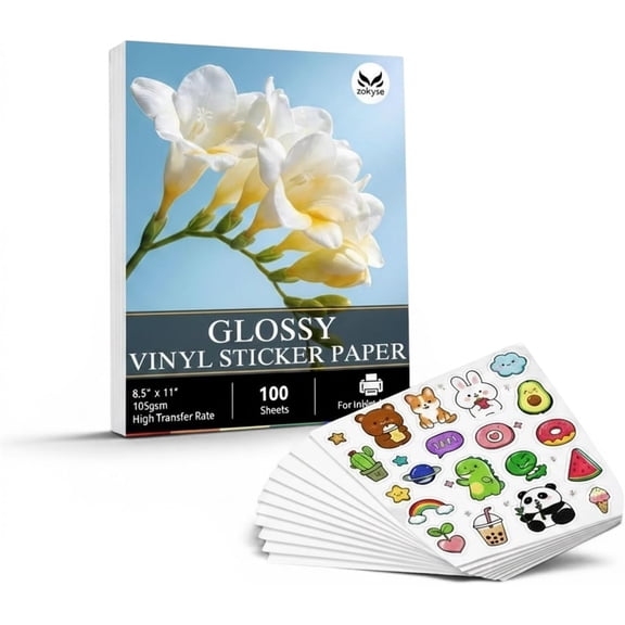 Glossy Waterproof Vinyl Sticker Paper for Inkjet Printer, 8.5 x 11 Printable Full Sheet Paper Fast Dry, Tear Resistant,Idea for Labels, Small Business,Compatible with Cutting Maschine,100 Sheet