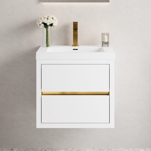 Glossy White, 24V15-24GW | Floating Bathroom Storage with Stone Resin Countertop | Hassle-free Cosmetic and Essential Organization